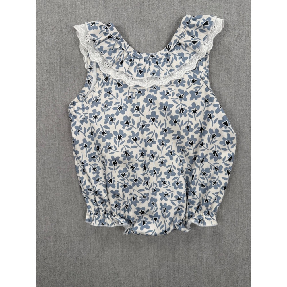 Mebie Baby Blue Blossom Floral Ruffle Lace Bow Bubble Romper NWT